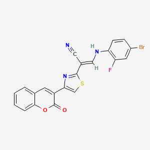 molecular formula C21H11BrFN3O2S B2549335 (2E)-3-[(4-bromo-2-fluorophenyl)amino]-2-[4-(2-oxo-2H-chromen-3-yl)-1,3-thiazol-2-yl]prop-2-enenitrile CAS No. 477298-74-1