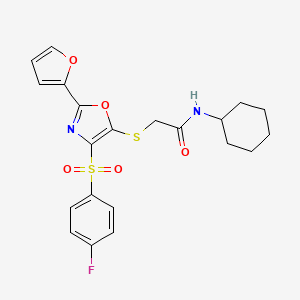 molecular formula C21H21FN2O5S2 B2549418 N-cyclohexyl-2-{[4-(4-fluorobenzenesulfonyl)-2-(furan-2-yl)-1,3-oxazol-5-yl]sulfanyl}acetamide CAS No. 850928-59-5