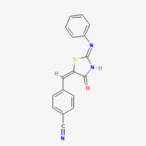 molecular formula C17H11N3OS B2549419 4-((E)-((E)-4-氧代-2-(苯亚氨基)噻唑烷-5-亚甲基)甲基)苯甲腈 CAS No. 312944-75-5