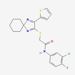 molecular formula C20H19ClFN3OS2 B2549577 N-(3-氯-4-氟苯基)-2-((3-(噻吩-2-基)-1,4-二氮杂螺[4.5]癸-1,3-二烯-2-基)硫)乙酰胺 CAS No. 1223778-88-8