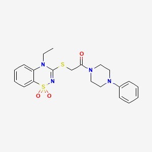 molecular formula C21H24N4O3S2 B2549625 2-((4-ethyl-1,1-dioxido-4H-benzo[e][1,2,4]thiadiazin-3-yl)thio)-1-(4-phenylpiperazin-1-yl)ethanone CAS No. 1031976-82-5