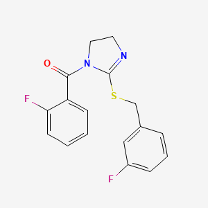 B2549666 (2-Fluorophenyl)-[2-[(3-fluorophenyl)methylsulfanyl]-4,5-dihydroimidazol-1-yl]methanone CAS No. 851865-04-8