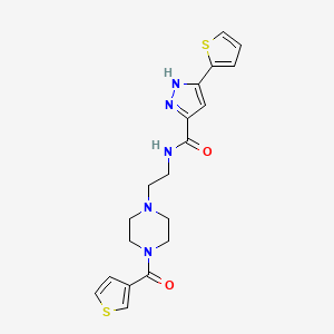 molecular formula C19H21N5O2S2 B2549676 3-(噻吩-2-基)-N-(2-(4-(噻吩-3-羰基)哌嗪-1-基)乙基)-1H-吡唑-5-甲酰胺 CAS No. 1297613-00-3