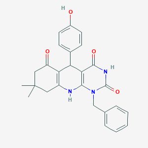 molecular formula C26H25N3O4 B254975 1-benzyl-5-(4-hydroxyphenyl)-8,8-dimethyl-5,8,9,10-tetrahydropyrimido[4,5-b]quinoline-2,4,6(1H,3H,7H)-trione 