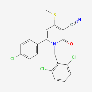 molecular formula C20H13Cl3N2OS B2549825 6-(4-Chlorophenyl)-1-(2,6-dichlorobenzyl)-4-(methylsulfanyl)-2-oxo-1,2-dihydro-3-pyridinecarbonitrile CAS No. 478042-89-6