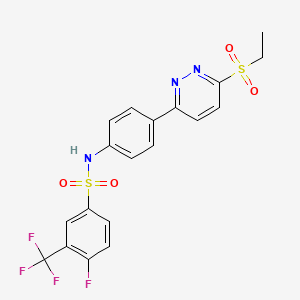 molecular formula C19H15F4N3O4S2 B2549952 N-(4-(6-(ethylsulfonyl)pyridazin-3-yl)phenyl)-4-fluoro-3-(trifluoromethyl)benzenesulfonamide CAS No. 921543-45-5