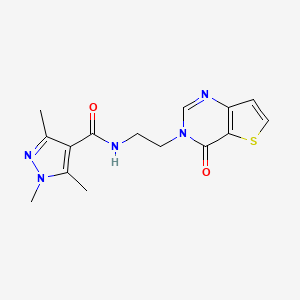 molecular formula C15H17N5O2S B2550148 1,3,5-三甲基-N-(2-(4-氧代噻吩并[3,2-d]嘧啶-3(4H)-基)乙基)-1H-吡唑-4-甲酰胺 CAS No. 2034530-05-5