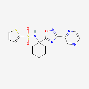 molecular formula C16H17N5O3S2 B2550192 N-(1-(3-(pyrazin-2-yl)-1,2,4-oxadiazol-5-yl)cyclohexyl)thiophene-2-sulfonamide CAS No. 1396795-36-0