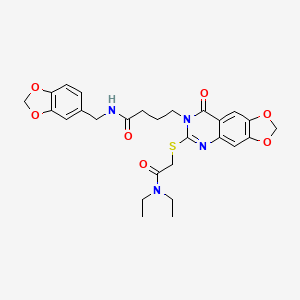 molecular formula C27H30N4O7S B2550198 N-(1,3-benzodioxol-5-ylmethyl)-4-[6-{[2-(diethylamino)-2-oxoethyl]thio}-8-oxo[1,3]dioxolo[4,5-g]quinazolin-7(8H)-yl]butanamide CAS No. 896681-57-5