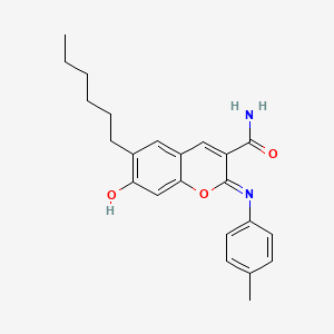 molecular formula C23H26N2O3 B2550230 (2Z)-6-hexyl-7-hydroxy-2-[(4-methylphenyl)imino]-2H-chromene-3-carboxamide CAS No. 313234-21-8