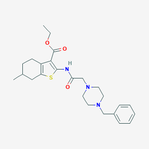 molecular formula C25H33N3O3S B255024 Ethyl 2-[[2-(4-benzylpiperazin-1-yl)acetyl]amino]-6-methyl-4,5,6,7-tetrahydro-1-benzothiophene-3-carboxylate 