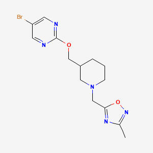 molecular formula C14H18BrN5O2 B2550378 5-[[3-[(5-Bromopyrimidin-2-yl)oxymethyl]piperidin-1-yl]methyl]-3-methyl-1,2,4-oxadiazole CAS No. 2380070-17-5