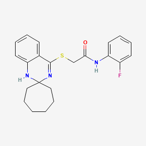 molecular formula C22H24FN3OS B2550529 N-(2-氟苯基)-2-{1'H-螺[环庚烷-1,2'-喹唑啉]硫代}乙酰胺 CAS No. 893789-15-6