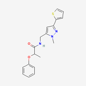 molecular formula C18H19N3O2S B2550649 N-[(2-Methyl-5-thiophen-2-ylpyrazol-3-yl)methyl]-2-phenoxypropanamide CAS No. 2320855-01-2