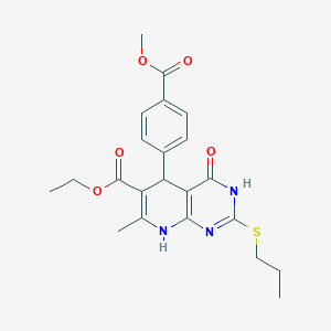 molecular formula C22H25N3O5S B2550668 Ethyl 5-[4-(methoxycarbonyl)phenyl]-7-methyl-4-oxo-2-(propylsulfanyl)-3,4,5,8-tetrahydropyrido[2,3-d]pyrimidine-6-carboxylate CAS No. 878905-22-7