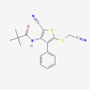 molecular formula C18H17N3OS2 B2550692 N-{2-cyano-5-[(cyanomethyl)sulfanyl]-4-phenyl-3-thienyl}-2,2-dimethylpropanamide CAS No. 860649-76-9