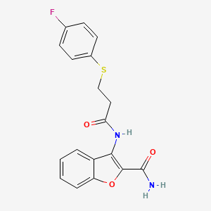 molecular formula C18H15FN2O3S B2550752 3-(3-((4-氟苯基)硫代)丙酰胺基)苯并呋喃-2-甲酰胺 CAS No. 896355-08-1