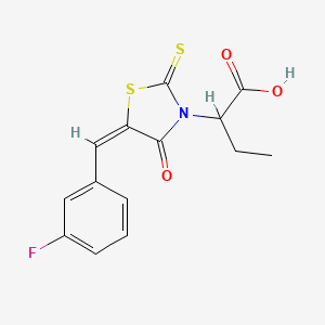 molecular formula C14H12FNO3S2 B2550821 2-[(5E)-5-[(3-fluorophenyl)methylidene]-4-oxo-2-sulfanylidene-1,3-thiazolidin-3-yl]butanoic acid CAS No. 671765-46-1