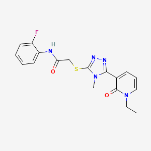 molecular formula C18H18FN5O2S B2550826 2-((5-(1-ethyl-2-oxo-1,2-dihydropyridin-3-yl)-4-methyl-4H-1,2,4-triazol-3-yl)thio)-N-(2-fluorophenyl)acetamide CAS No. 1105208-05-6