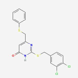 molecular formula C18H14Cl2N2OS2 B2550832 2-[(3,4-Dichlorobenzyl)sulfanyl]-6-[(phenylsulfanyl)methyl]-4-pyrimidinol CAS No. 860609-66-1
