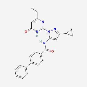 molecular formula C25H23N5O2 B2550912 N-(3-cyclopropyl-1-(4-ethyl-6-oxo-1,6-dihydropyrimidin-2-yl)-1H-pyrazol-5-yl)-[1,1'-biphenyl]-4-carboxamide CAS No. 1207018-26-5