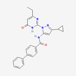 molecular formula C25H23N5O2 B2550912 N-(3-シクロプロピル-1-(4-エチル-6-オキソ-1,6-ジヒドロピリミジン-2-イル)-1H-ピラゾール-5-イル)-[1,1'-ビフェニル]-4-カルボキサミド CAS No. 1207018-26-5