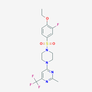 molecular formula C18H20F4N4O3S B2550931 4-(4-((4-Ethoxy-3-fluorophenyl)sulfonyl)piperazin-1-yl)-2-methyl-6-(trifluoromethyl)pyrimidine CAS No. 2034408-07-4