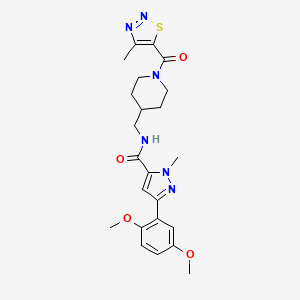 molecular formula C23H28N6O4S B2550996 3-(2,5-dimethoxyphenyl)-1-methyl-N-((1-(4-methyl-1,2,3-thiadiazole-5-carbonyl)piperidin-4-yl)methyl)-1H-pyrazole-5-carboxamide CAS No. 1396869-64-9