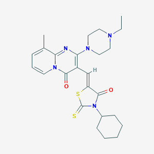 molecular formula C25H31N5O2S2 B255111 3-[(Z)-(3-cyclohexyl-4-oxo-2-thioxo-1,3-thiazolidin-5-ylidene)methyl]-2-(4-ethylpiperazin-1-yl)-9-methyl-4H-pyrido[1,2-a]pyrimidin-4-one 