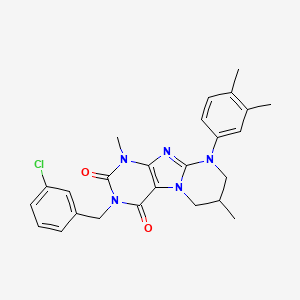 molecular formula C25H26ClN5O2 B2551130 3-(3-chlorobenzyl)-9-(3,4-dimethylphenyl)-1,7-dimethyl-6,7,8,9-tetrahydropyrimido[2,1-f]purine-2,4(1H,3H)-dione CAS No. 843625-83-2