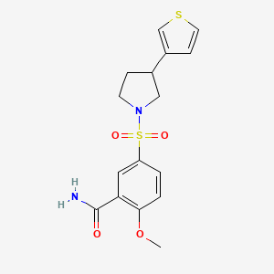 molecular formula C16H18N2O4S2 B2551182 2-Methoxy-5-((3-(thiophen-3-yl)pyrrolidin-1-yl)sulfonyl)benzamide CAS No. 2210144-39-9