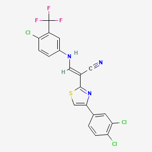 molecular formula C19H9Cl3F3N3S B2551196 (E)-3-((4-chloro-3-(trifluoromethyl)phenyl)amino)-2-(4-(3,4-dichlorophenyl)thiazol-2-yl)acrylonitrile CAS No. 477305-11-6