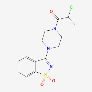 molecular formula C14H16ClN3O3S B2551273 2-Chloro-1-[4-(1,1-dioxo-1,2-benzothiazol-3-yl)piperazin-1-yl]propan-1-one CAS No. 2411300-45-1