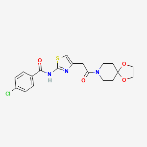 molecular formula C19H20ClN3O4S B2551334 4-chloro-N-(4-(2-oxo-2-(1,4-dioxa-8-azaspiro[4.5]decan-8-yl)ethyl)thiazol-2-yl)benzamide CAS No. 921540-40-1