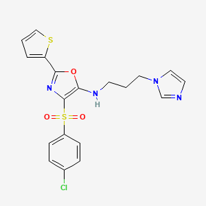 molecular formula C19H17ClN4O3S2 B2551362 4-(4-chlorophenyl)sulfonyl-N-(3-imidazol-1-ylpropyl)-2-thiophen-2-yl-1,3-oxazol-5-amine CAS No. 627835-01-2