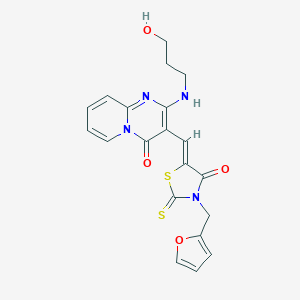 molecular formula C20H18N4O4S2 B255137 3-{(Z)-[3-(2-Furylmethyl)-4-oxo-2-thioxo-1,3-thiazolidin-5-ylidene]methyl}-2-[(3-hydroxypropyl)amino]-4H-pyrido[1,2-A]pyrimidin-4-one 