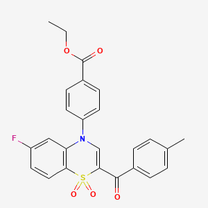 molecular formula C25H20FNO5S B2551376 ethyl 4-[6-fluoro-2-(4-methylbenzoyl)-1,1-dioxido-4H-1,4-benzothiazin-4-yl]benzoate CAS No. 1114650-75-7