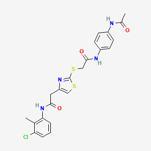 molecular formula C22H21ClN4O3S2 B2551472 N-(4-acetamidophenyl)-2-((4-(2-((3-chloro-2-methylphenyl)amino)-2-oxoethyl)thiazol-2-yl)thio)acetamide CAS No. 941997-59-7