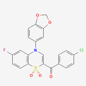 molecular formula C22H13ClFNO5S B2551752 [4-(1,3-benzodioxol-5-yl)-6-fluoro-1,1-dioxido-4H-1,4-benzothiazin-2-yl](4-chlorophenyl)methanone CAS No. 1114852-99-1