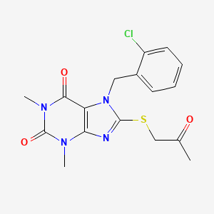 molecular formula C17H17ClN4O3S B2551780 7-[(2-Chlorophenyl)methyl]-1,3-dimethyl-8-(2-oxopropylsulfanyl)purine-2,6-dione CAS No. 374696-77-2