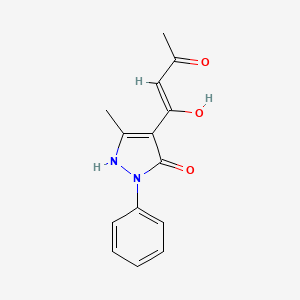 molecular formula C14H14N2O3 B2551854 3-hydroxy-1-(5-hydroxy-3-methyl-1-phenyl-1H-pyrazol-4-yl)-2-buten-1-one CAS No. 318949-52-9