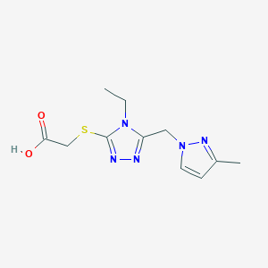 molecular formula C11H15N5O2S B2551947 ((4-Ethyl-5-[(3-methyl-1H-pyrazol-1-yl)methyl]-4H-1,2,4-triazol-3-yl)thio)acetic acid CAS No. 1005615-27-9