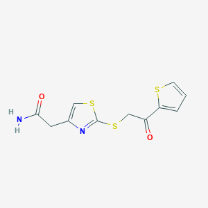 molecular formula C11H10N2O2S3 B2551956 2-(2-((2-Oxo-2-(thiophen-2-yl)ethyl)thio)thiazol-4-yl)acetamide CAS No. 1021069-61-3