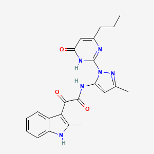 molecular formula C22H22N6O3 B2551977 N-(3-Methyl-1-(6-oxo-4-propyl-1,6-dihydropyrimidin-2-yl)-1H-pyrazol-5-yl)-2-(2-methyl-1H-indol-3-yl)-2-oxoacetamide CAS No. 1002933-28-9