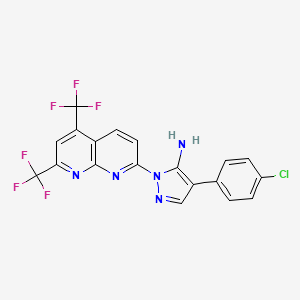 molecular formula C19H10ClF6N5 B2552000 2-[5,7-Bis(trifluoromethyl)-1,8-naphthyridin-2-yl]-4-(4-chlorophenyl)pyrazol-3-amine CAS No. 321522-22-9