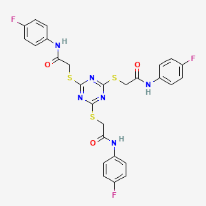 molecular formula C27H21F3N6O3S3 B2552048 2-((4,6-Bis((2-(4-fluoroanilino)-2-oxoethyl)sulfanyl)-1,3,5-triazin-2-yl)sulfanyl)-N-(4-fluorophenyl)acetamide CAS No. 298218-16-3