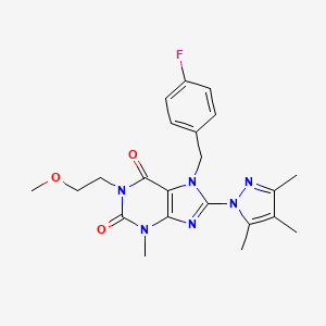 molecular formula C22H25FN6O3 B2552064 7-(4-氟苄基)-1-(2-甲氧基乙基)-3-甲基-8-(3,4,5-三甲基-1H-吡唑-1-基)-1H-嘌呤-2,6(3H,7H)-二酮 CAS No. 1014008-79-7