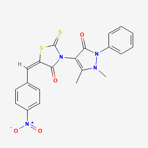 molecular formula C21H16N4O4S2 B2552243 (E)-3-(1,5-dimethyl-3-oxo-2-phenyl-2,3-dihydro-1H-pyrazol-4-yl)-5-(4-nitrobenzylidene)-2-thioxothiazolidin-4-one CAS No. 190653-60-2