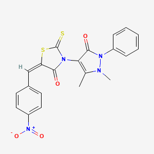 molecular formula C21H16N4O4S2 B2552243 (E)-3-(1,5-二甲基-3-氧代-2-苯基-2,3-二氢-1H-吡唑-4-基)-5-(4-硝基亚苄基)-2-硫代噻唑烷-4-酮 CAS No. 190653-60-2