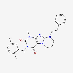 molecular formula C26H29N5O2 B2552249 3-(2,5-二甲基苯甲基)-1-甲基-9-苯乙基-6,7,8,9-四氢嘧啶并[2,1-f]嘌呤-2,4(1H,3H)-二酮 CAS No. 876151-14-3
